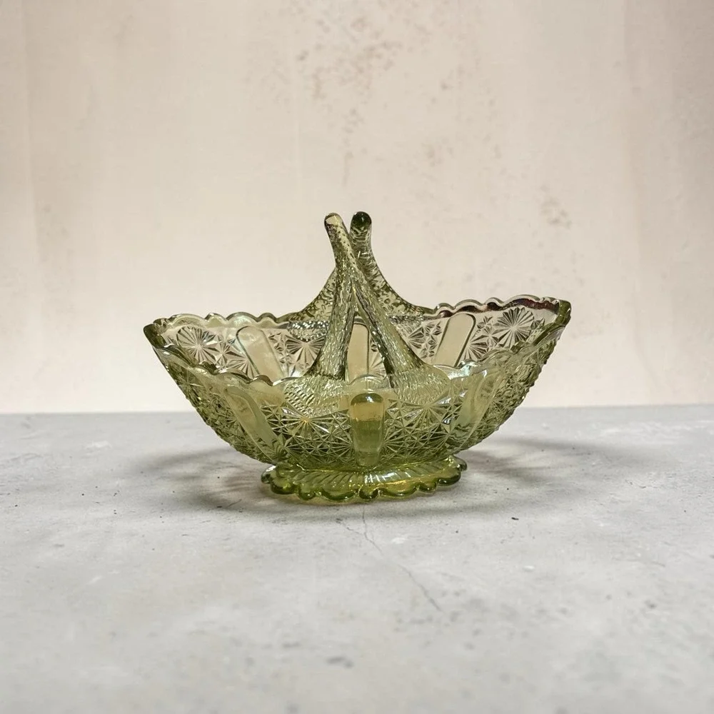 Fenton Art Glass Colonial Green Daisy and Button Split Twig Handle Glass Basket